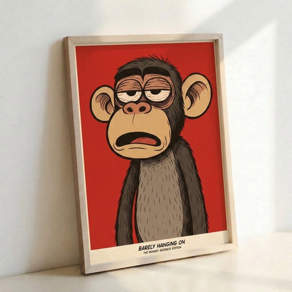 Humorous framed poster art of a struggling monkey in contemporary pop art style, capturing relatable exhaustion through bold color blocking.