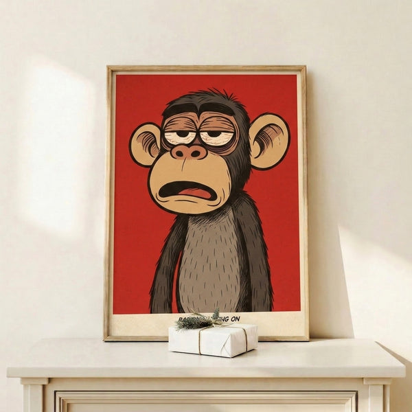 Funky retro-inspired wall art showing a monkey gripping a branch with comedic desperation, executed in striking red and neutral tones.