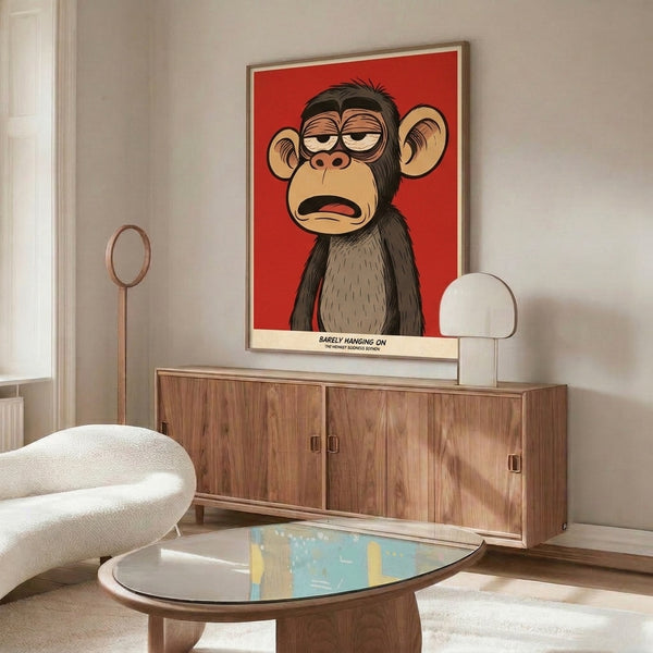 Retro poster featuring a weary monkey hanging on, rendered in bold pop art aesthetic using warm earth tones and crimson red.
