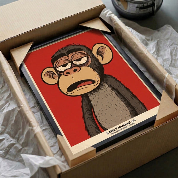 Contemporary pop art wall print of a monkey in humorous distress, styled in retro fashion with punchy red, tan, and black palette.