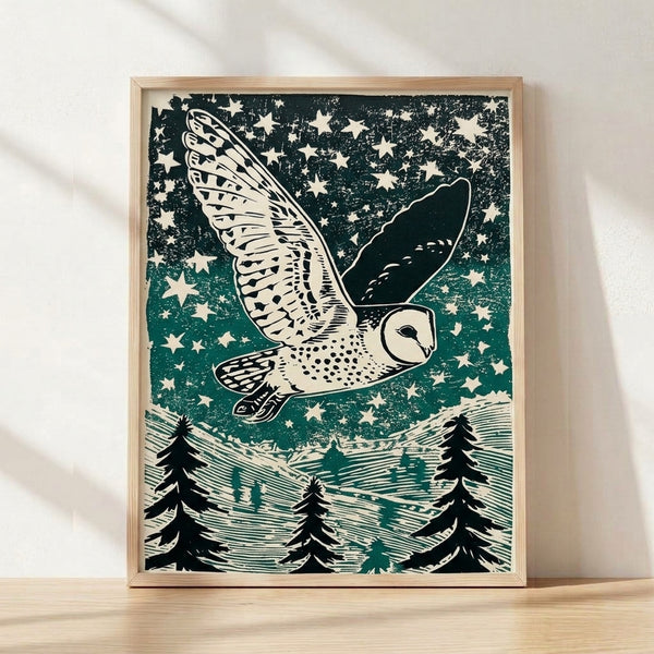 Linocut art print of a barn owl perched among forest trees under a starry night sky, rendered in cream, black, and dark green with minimalist line work.