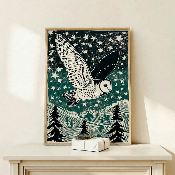 Framed poster featuring a contemplative barn owl in a nocturnal forest scene with stars, executed in retro linocut style with bold lines and a serene mood.