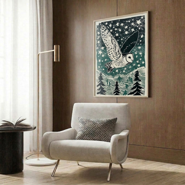 Minimalist line art print depicting a barn owl surrounded by forest silhouettes and twinkling stars, created in cream and dark tones with a peaceful nighttime aesthetic.