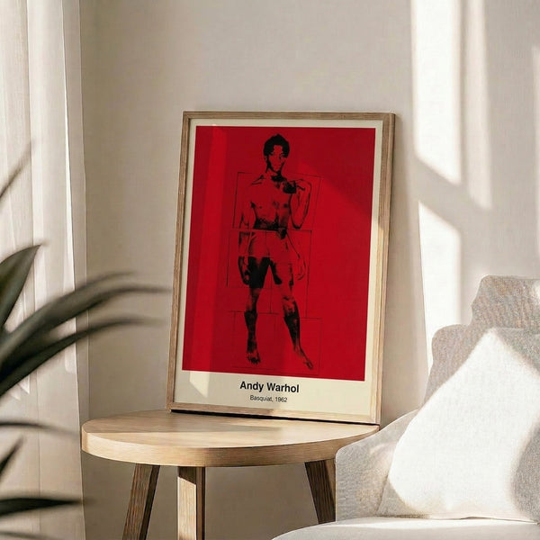 Framed pop art portrait with iconic bold graphic style, featuring stylized face rendered in black, white, and vibrant chromatic accents.