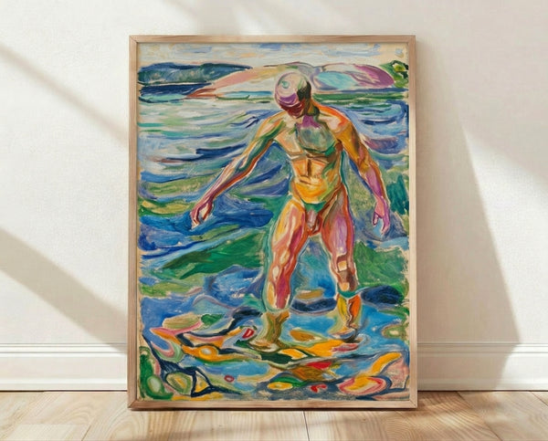 Expressionist painting of a solitary man wading in water, rendered in muted earth tones and blues with bold, gestural brushstrokes conveying contemplative mood.