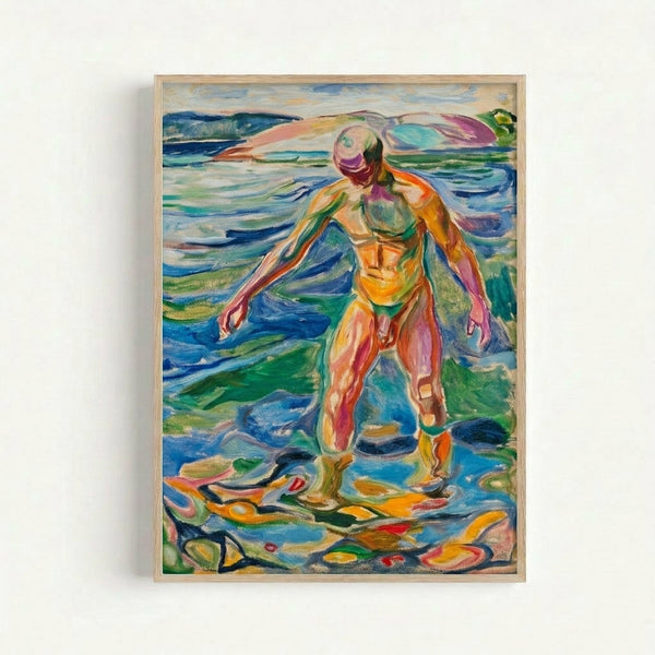 Vintage-style framed art print depicting a figure in water against a minimalist seascape, characteristic of early 20th-century Expressionist portraiture.