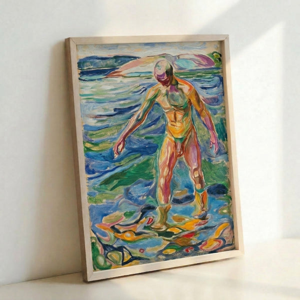 Moody seascape poster showing a bathing man in contemplative pose, featuring cool blues and warm neutrals with loose, emotional brushwork.