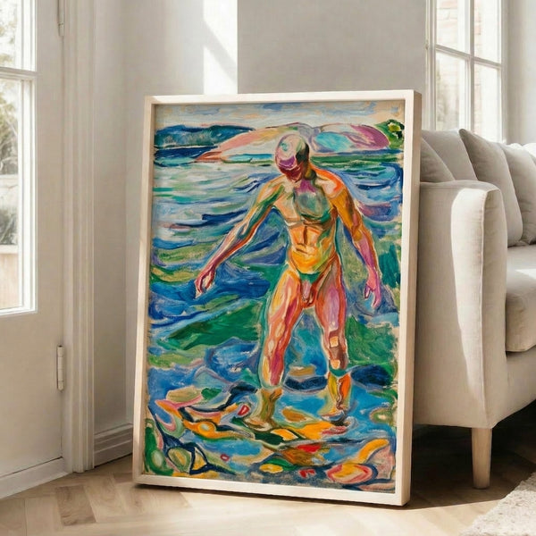 Framed wall art of a solitary swimmer in water, executed in subdued colors with expressive, sketchy technique evoking introspection and isolation.
