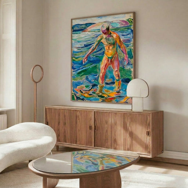 Expressionist poster of a man in water gazing toward the horizon, painted in muted tones and characterized by raw, emotive brushstrokes.