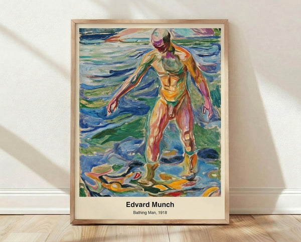Edvard Munch impressionist painting of a male swimmer in turquoise and ochre tones, framed poster on wall showing a contemplative figure in the sea.