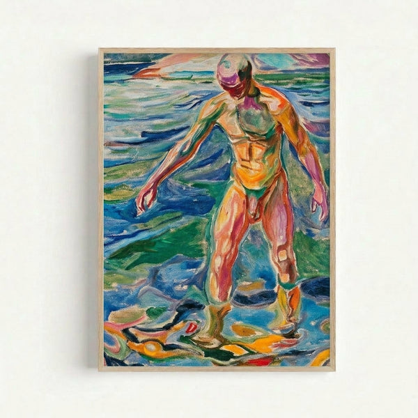 Framed art print depicting Munch's Bathing Man with energetic brushstrokes in blues and flesh tones, capturing a naturalistic scene of a man in water.
