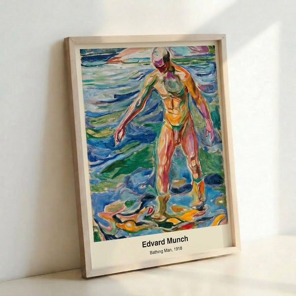 Vintage-style poster of Munch's swimming figure rendered in impressionist technique with turquoise, ochre, and white, evoking vital movement and contemplation.