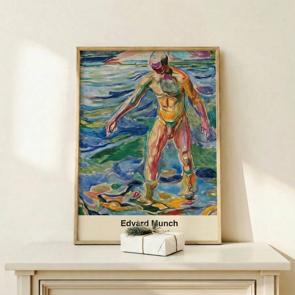 Impressionist seascape poster featuring a solitary male bather in ochre and blue tones, framed wall art with Munch's distinctive emotional intensity.