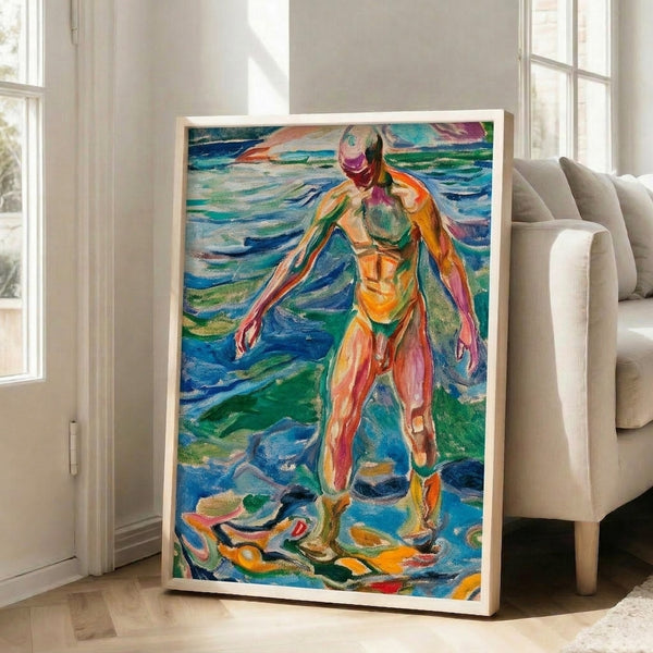 Wall art print of Edvard Munch's Bathing Man showcasing impressionist brushwork in turquoise and earth tones, capturing the figure's connection to the sea.