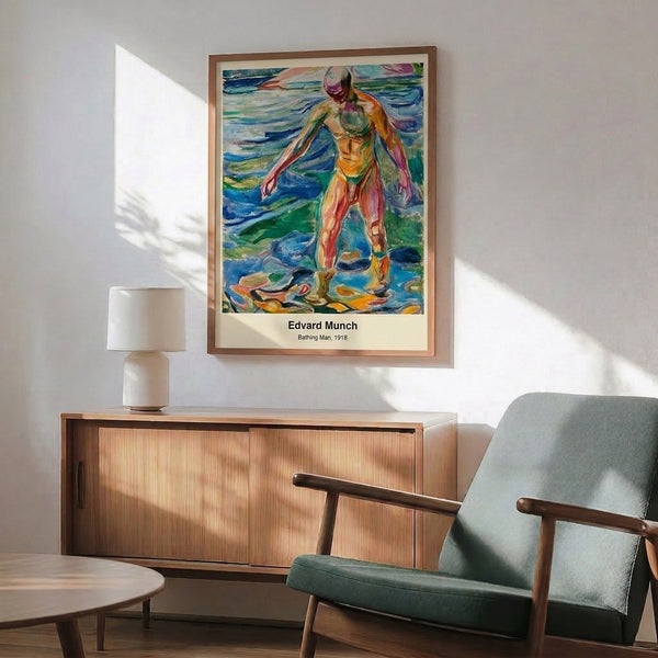 Framed print of Munch's Bathing Man in impressionist palette of turquoise, flesh-tone, and white, a naturalistic portrayal of human vitality and introspection.