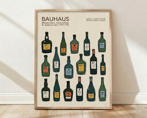 Framed Bauhaus-style poster featuring geometric wine bottles in cream, dark green, mustard yellow, and slate blue arranged with minimalist precision and instructional clarity.