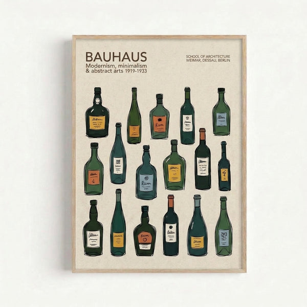 Modernist art print with abstracted liquor bottles rendered in a Bauhaus aesthetic using a sophisticated palette of cream, orange, and deep green geometric forms.