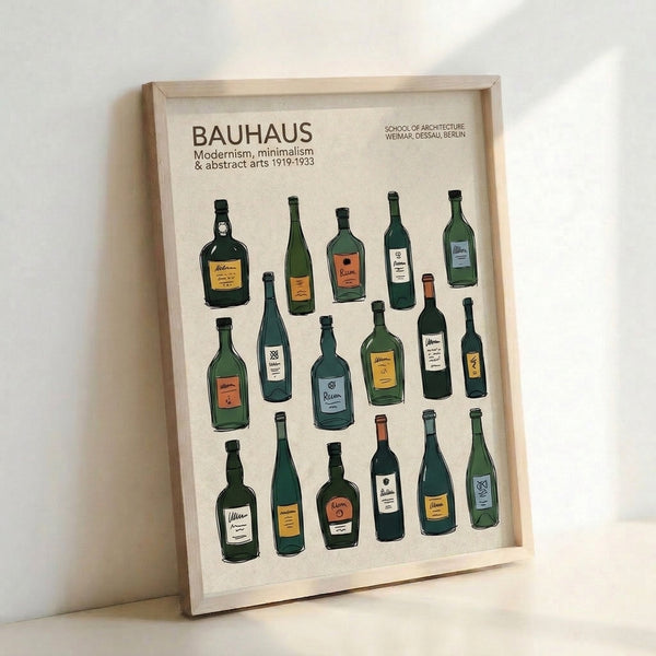 Minimalist poster displaying stylized wine and rum bottles as clean geometric shapes in cream, mustard, and slate blue tones, evoking early 20th-century design principles.