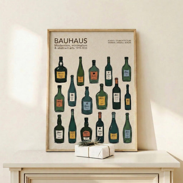 Framed artwork showcasing a Bauhaus-inspired composition of alcohol bottles with bold geometric outlines in cream, dark green, and burnt orange on a neutral background.
