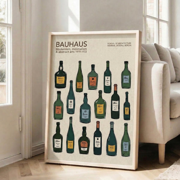 Contemporary poster interpreting liquor bottles through Bauhaus modernism with precise geometric silhouettes in cream, mustard yellow, and slate blue sophisticated tones.