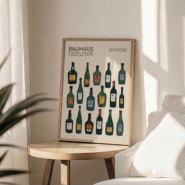 Minimalist wine bottle illustration framed on wall, rendered in Bauhaus style using a refined palette of cream, orange, dark green, and slate blue geometric forms.