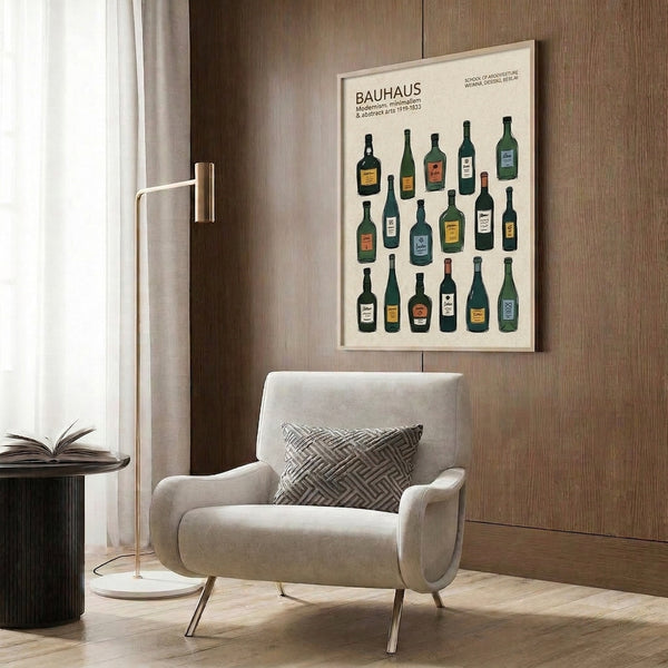 Framed geometric poster of Bauhaus design aesthetic featuring stylized bottles for wine and spirits in cream, mustard, slate blue, and dark green with instructional clarity.
