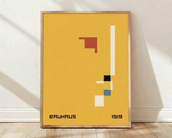 Bauhaus 1919 constructivist composition featuring geometric shapes in golden yellow, terracotta red, cream, black, and steel blue on a framed minimalist art print.