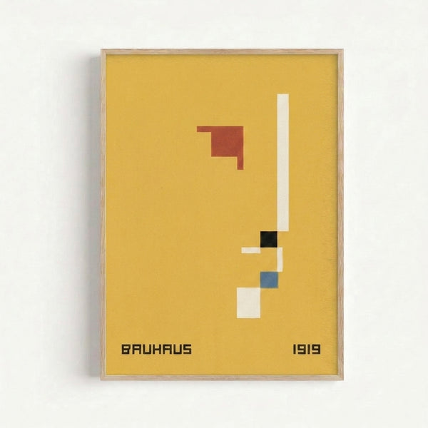 Abstract geometric poster with bold constructivist forms in warm and cool tones including yellow, red, and blue, exemplifying early Bauhaus design principles.