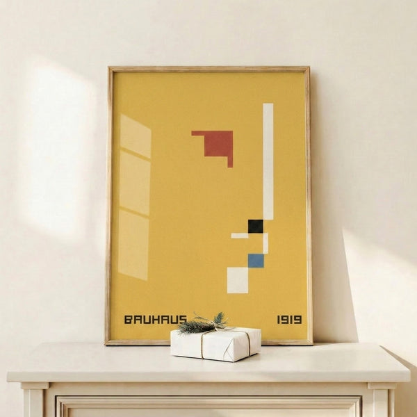 Constructivist wall art with foundational geometric composition in minimalist colors: yellow, red, cream, black, and blue tones on a framed poster.