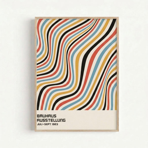 Minimalist geometric poster with energetic horizontal waves in red, blue, and yellow, characteristic of 1920s Bauhaus design movement.