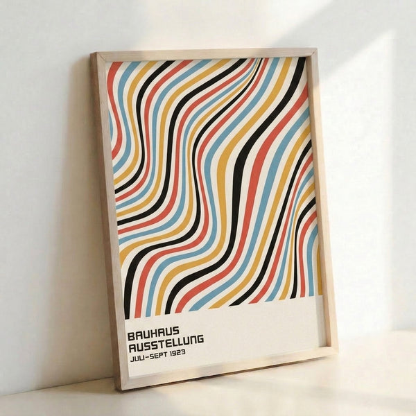 Constructivist art print displaying dynamic striped waves in primary colors and steel blue, celebrating the modernist aesthetic of early Bauhaus.