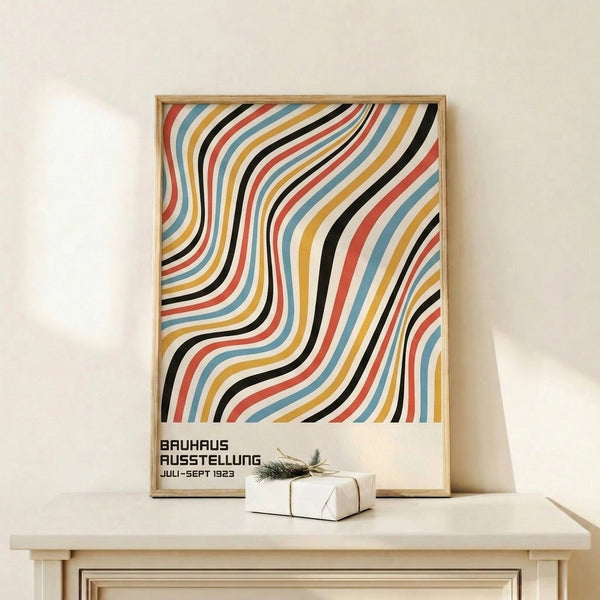 Retro poster art with rhythmic undulating bands in red, golden yellow, and steel blue on cream, exemplifying Bauhaus geometric abstraction.