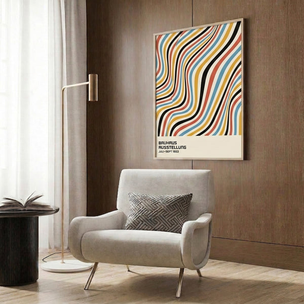 Energetic geometric wave composition in Bauhaus style, rendered in bold primary colors with steel blue and cream, mounted as framed wall art.