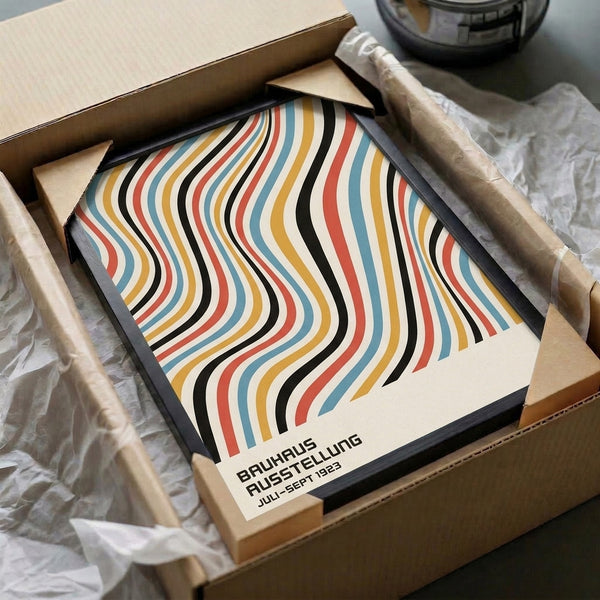 1923 Bauhaus-inspired poster featuring rhythmic striped waves in red, yellow, and steel blue, a minimalist mid-century modern design statement.