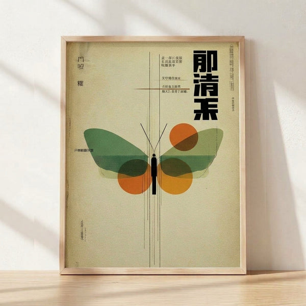 Geometric Bauhaus poster featuring a stylized butterfly and sun in cream, forest green, burnt orange, and golden yellow on a minimalist composition.