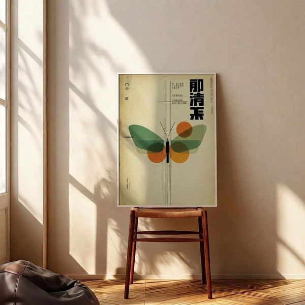 Minimalist Bauhaus-inspired poster art combining butterfly and sun symbols in cream and forest green with burnt orange accents.
