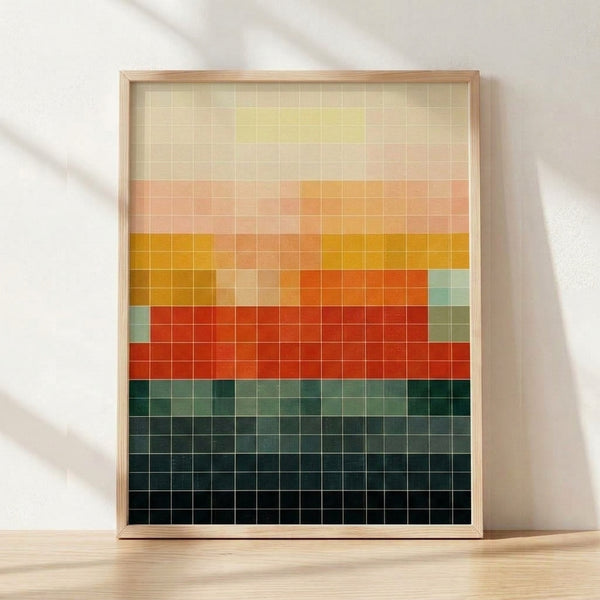 Bauhaus-style framed poster featuring a geometric grid of colored squares in warm sunset tones—cream, yellow, orange, and red—transitioning to cool teals and dark greens, creating a meditative and ordered minimalist composition.