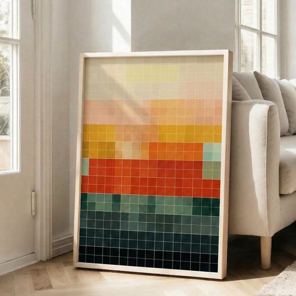 Modern minimalist art print with a systematic grid layout of vibrant color blocks ranging from warm yellows and oranges to cool teals, embodying Bauhaus design principles in a serene, educational aesthetic.