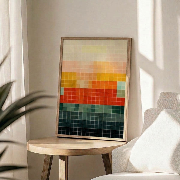 Geometric poster art displaying a balanced grid of colored squares in sunset hues blending into cooler tones, rendered in clean Bauhaus style with a calm, contemplative mood.