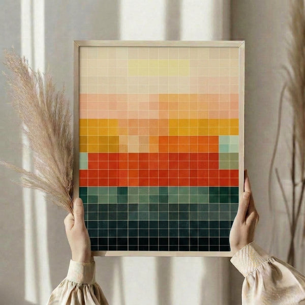 Framed abstract grid artwork in minimalist Bauhaus design, showcasing an orderly arrangement of colored squares transitioning from warm yellows and reds through teals to deep greens, evoking a tranquil, structured visual harmony.