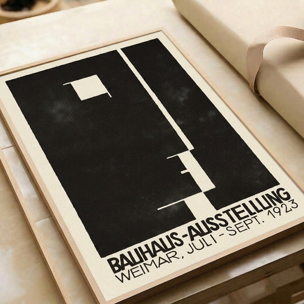 Minimalist poster art with austere black geometric forms and institutional lettering on cream background, evoking 1920s avant-garde sensibility.