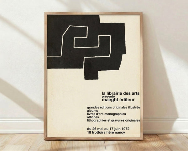 Maeght Editeur 1972 Bauhaus poster with stark black geometric typography and shapes on cream background, framed minimalist wall art.