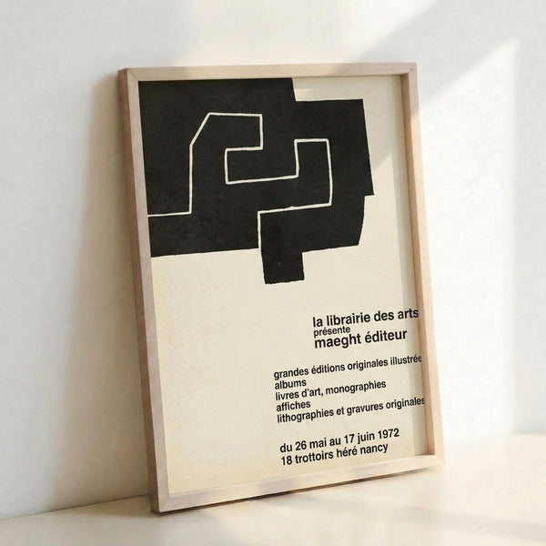 Black and cream Bauhaus-style geometric poster from 1972 with authoritative modernist typography and angular shapes, framed wall art.