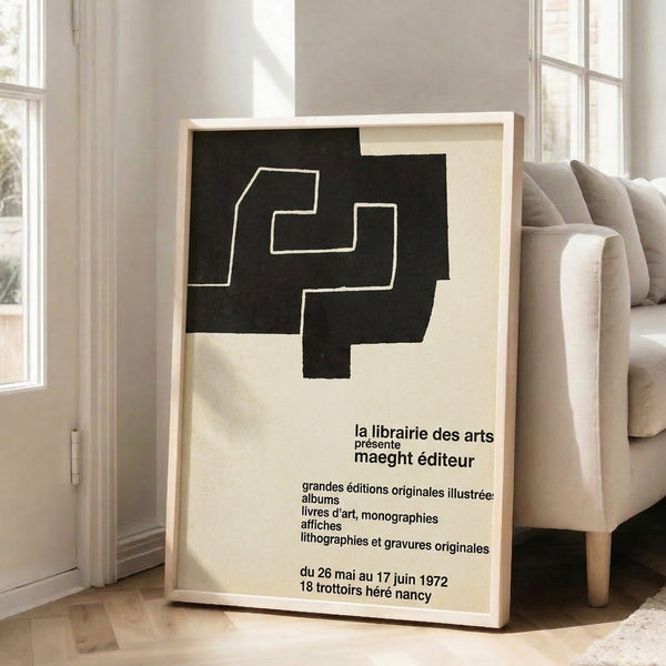 Maeght Editeur minimalist poster with stark black geometric composition and clean typography on light background, 1972 Bauhaus design.