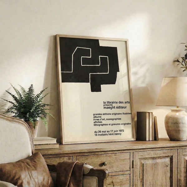 1972 Maeght Editeur Bauhaus print showing bold black abstract forms and lettering on cream, minimalist framed wall art.
