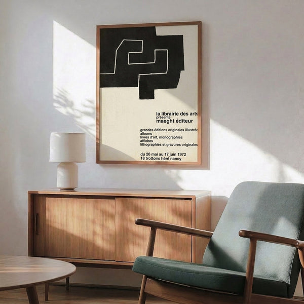 Geometric modernist poster from Maeght Editeur 1972 with striking black Bauhaus-inspired typography and angular shapes, cream background.