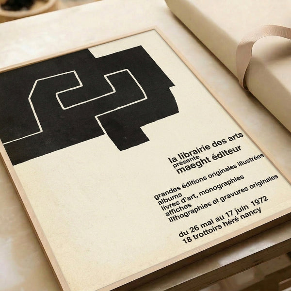 Framed Maeght Editeur 1972 poster featuring black geometric and typographic elements in minimalist Bauhaus style on neutral background.