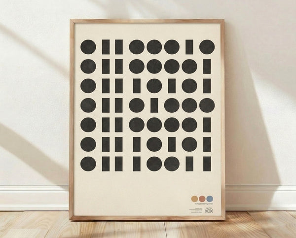 Bauhaus geometric screenprint in cream and charcoal featuring circles and rectangles arranged in a structured grid composition.