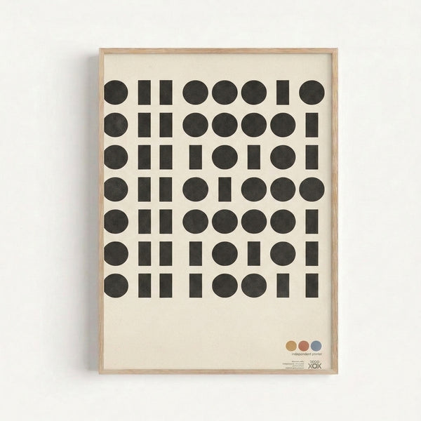 Minimalist modern art print with orderly black and cream geometric shapes in the Bauhaus style, framed on a wall.