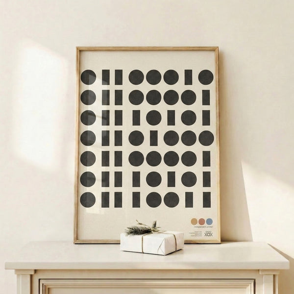 Structured geometric art print in muted tones displaying intersecting circles and rectangles in a disciplined Bauhaus arrangement.